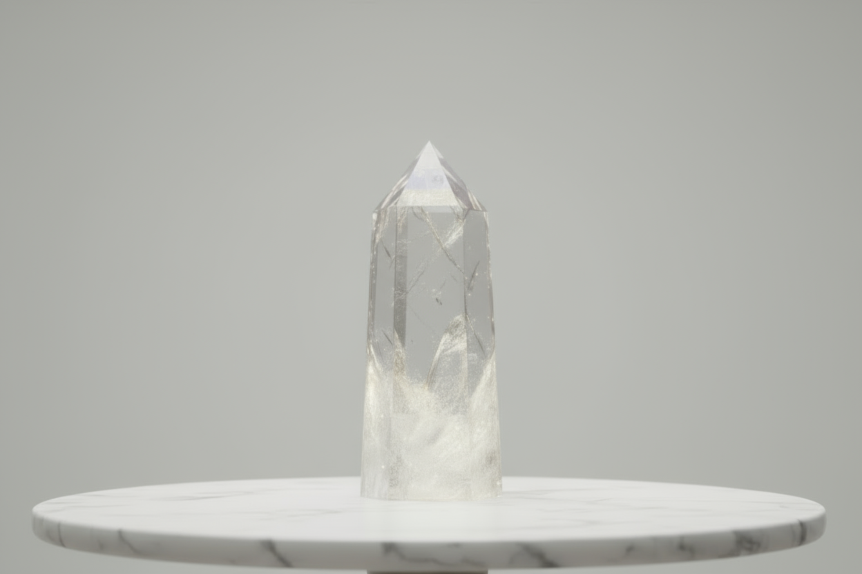 Clear quartz tower on a marble plate