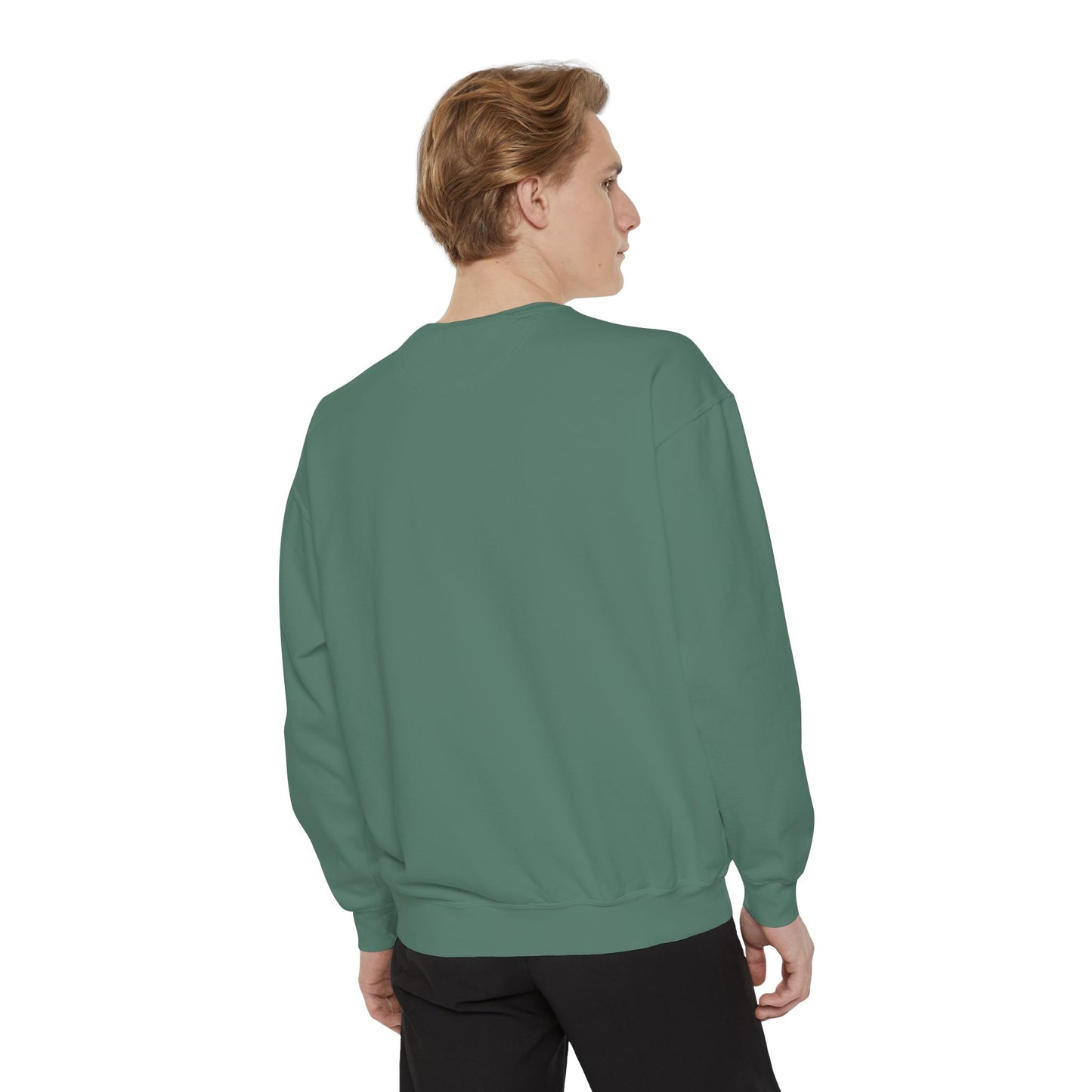 Person wearing a green sweatshirt on a white background