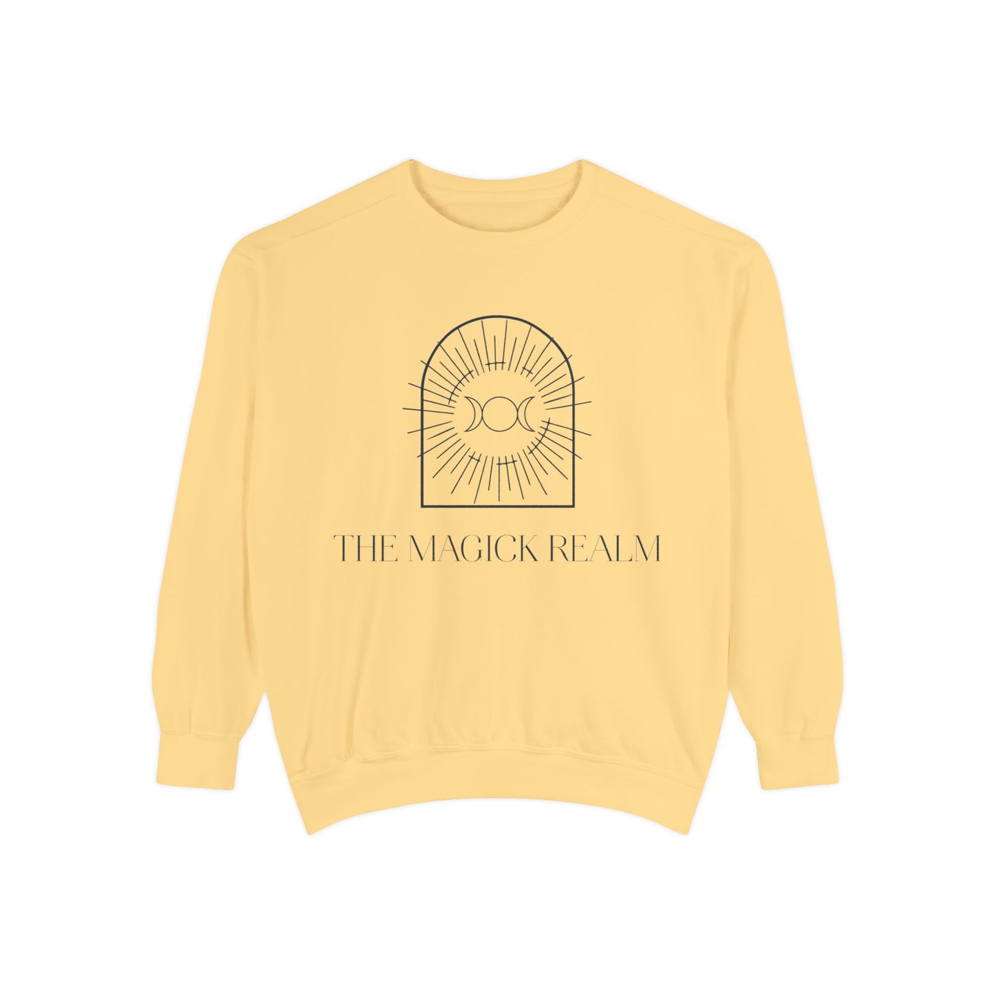 Yellow sweatshirt with 'The Magick Realm' logo on a white background