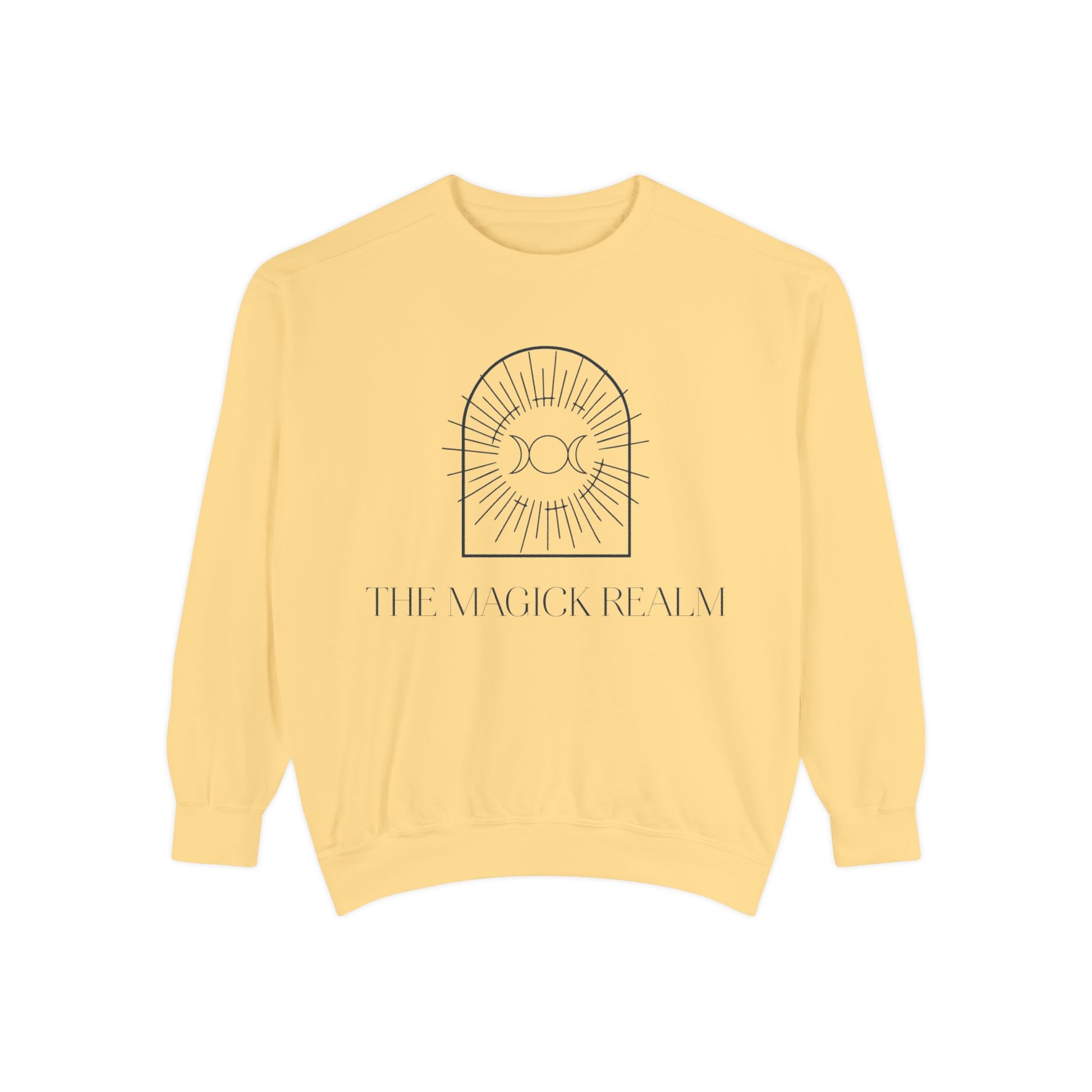Yellow sweatshirt with 'The Magick Realm' logo on a white background