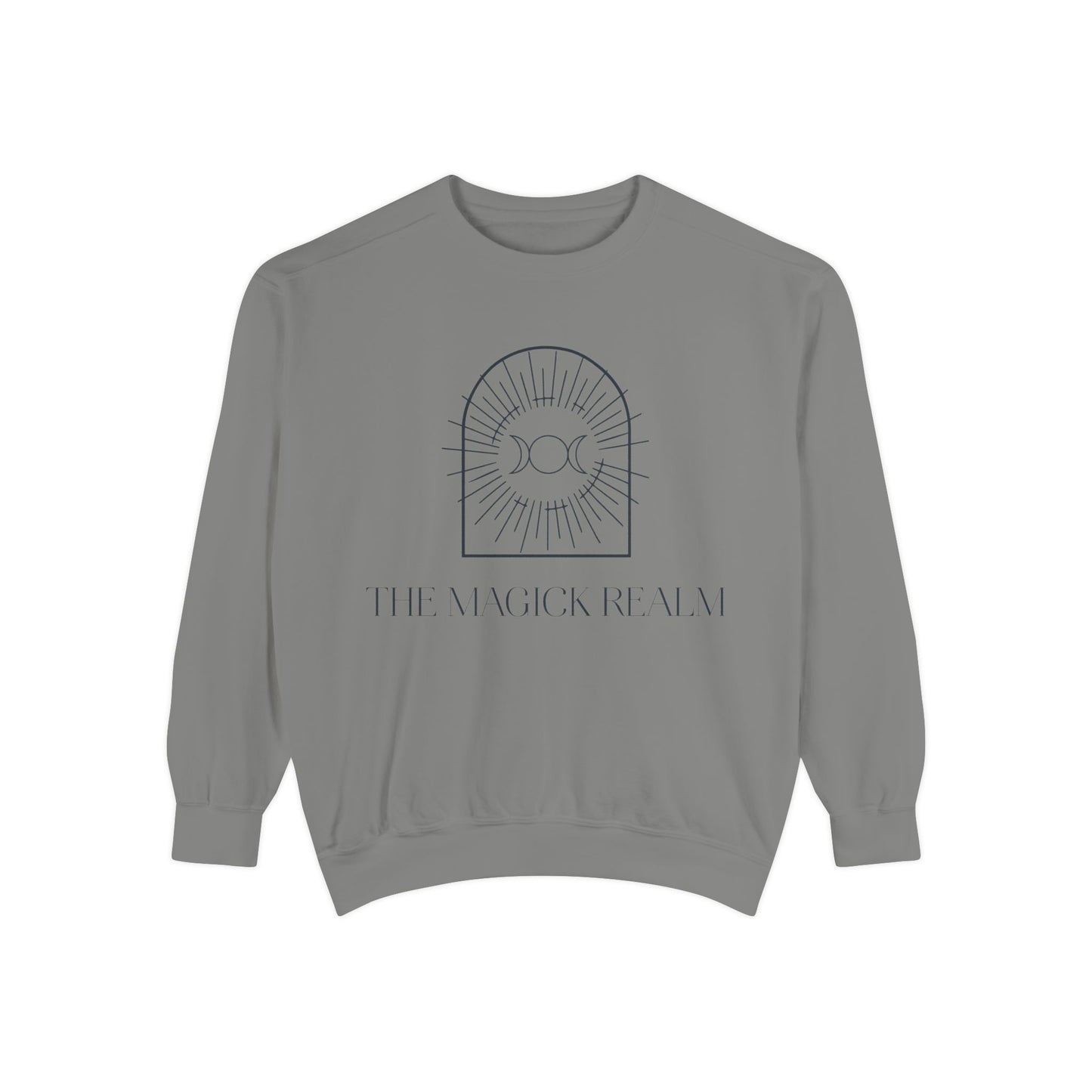 Gray sweatshirt with a design and text on a white background