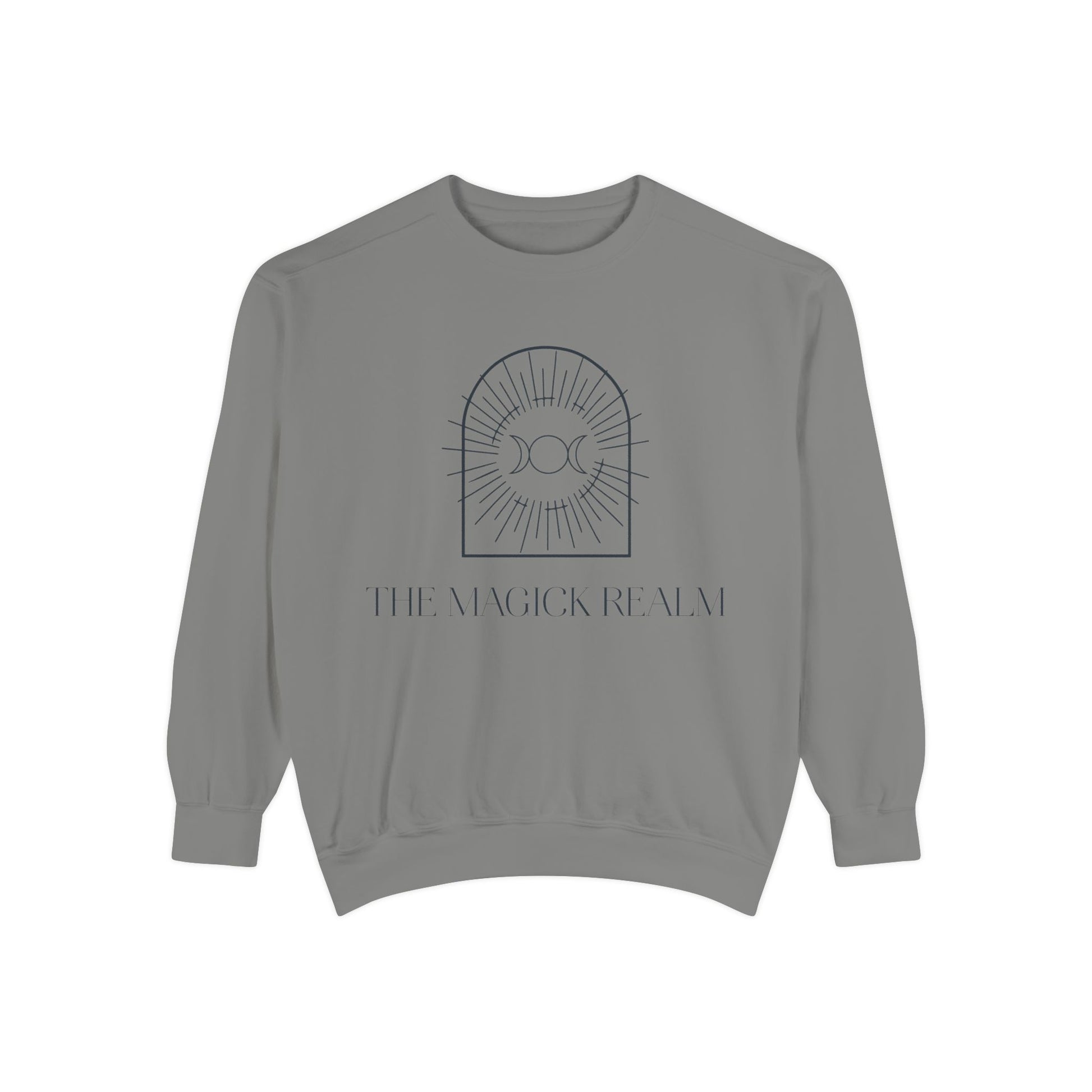Gray sweatshirt with a design and text on a white background