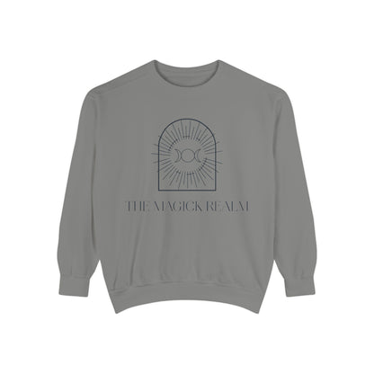Gray sweatshirt with a design and text on a white background