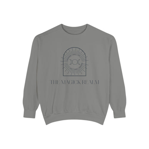 Gray sweatshirt with a design and text on a white background