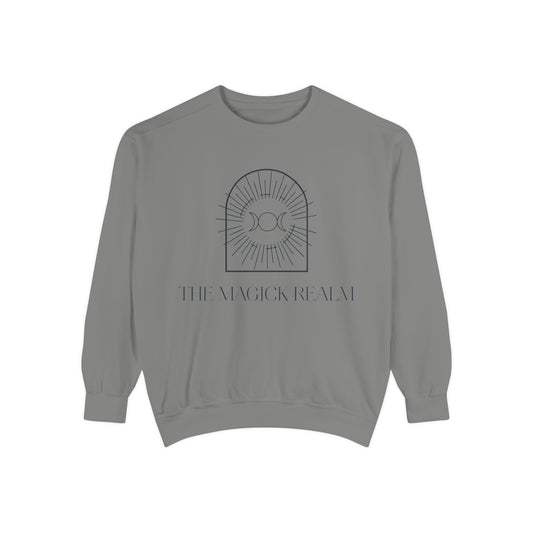 Gray sweatshirt with a design and text on a white background