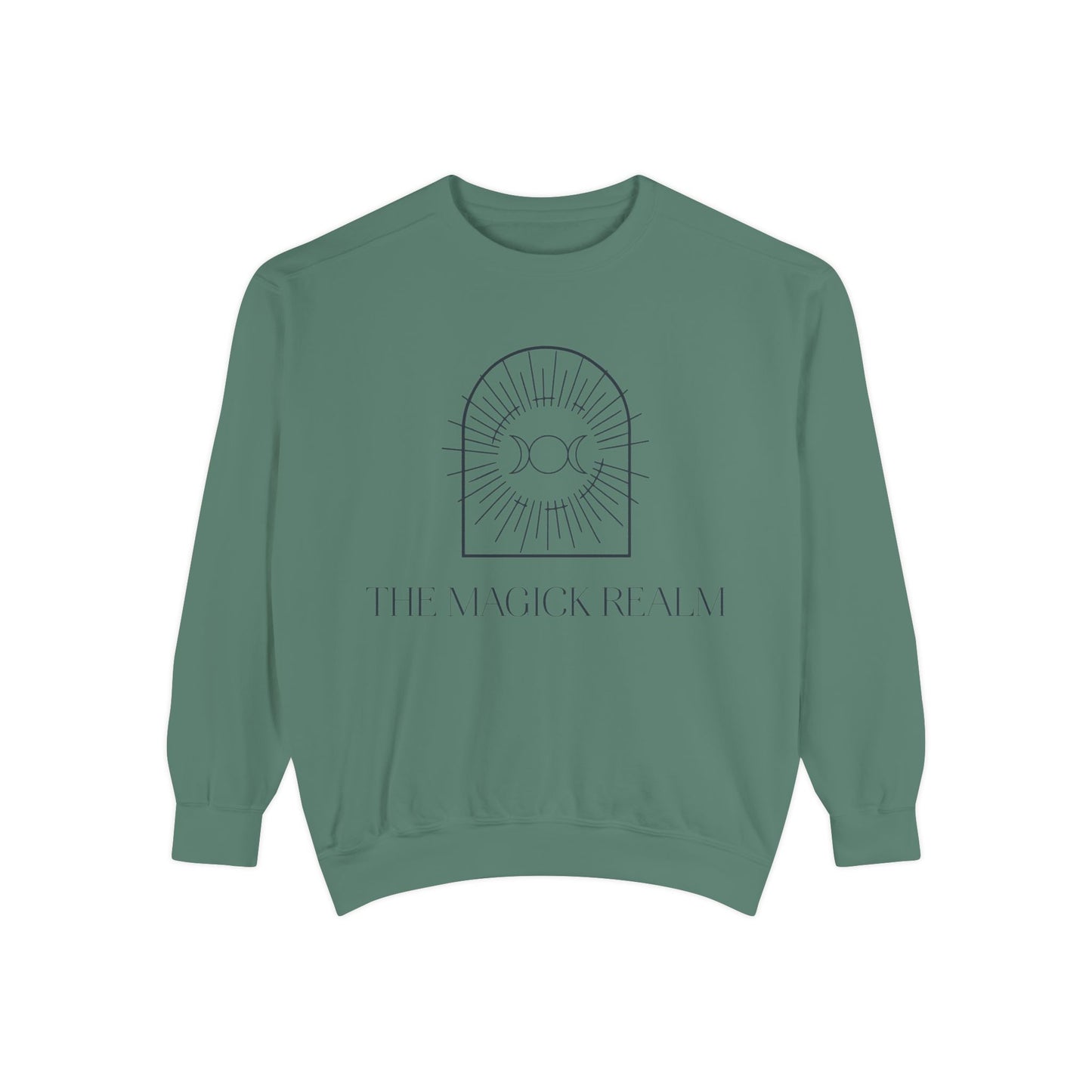 Green sweatshirt with a design and text on a white background