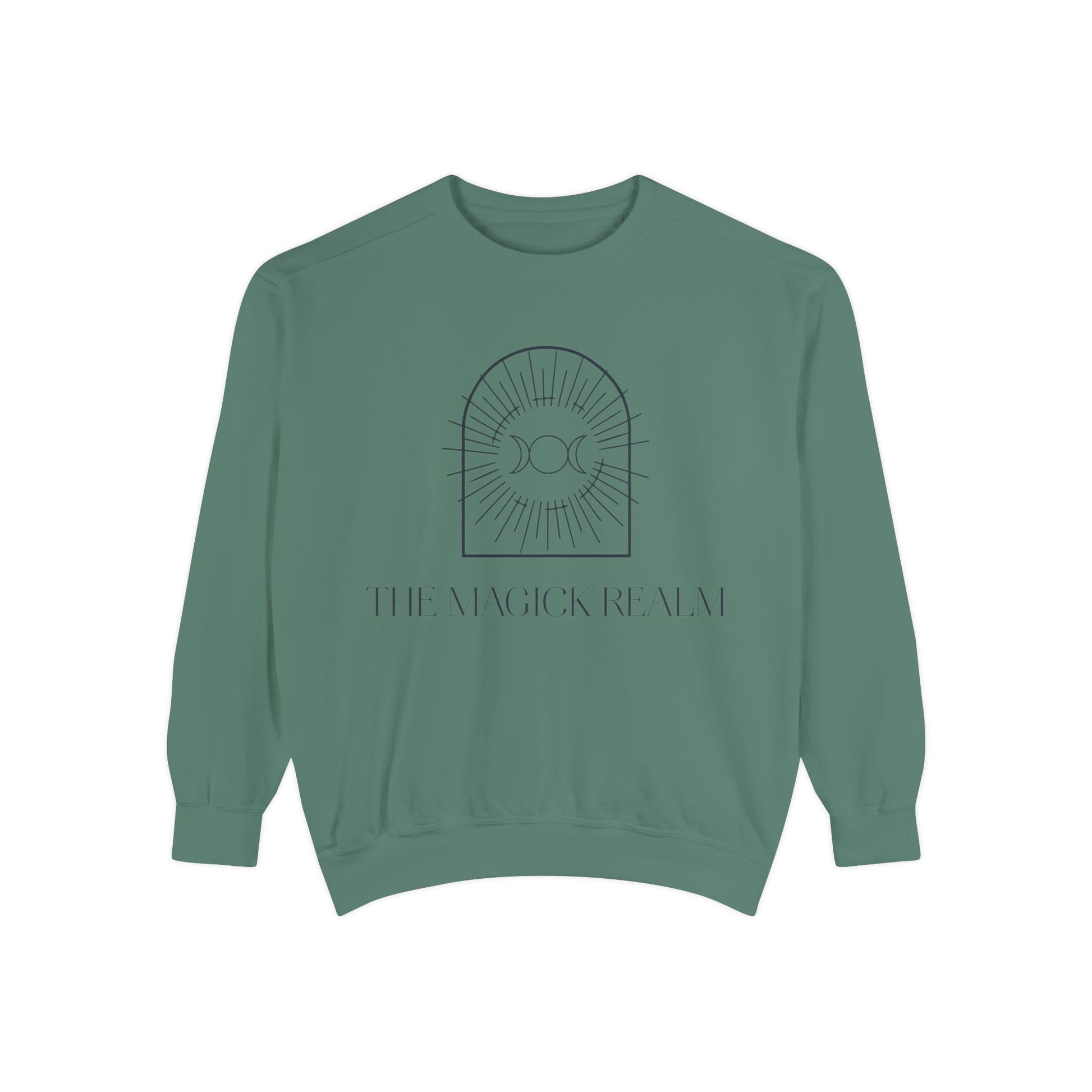 Green sweatshirt with a design and text on a white background