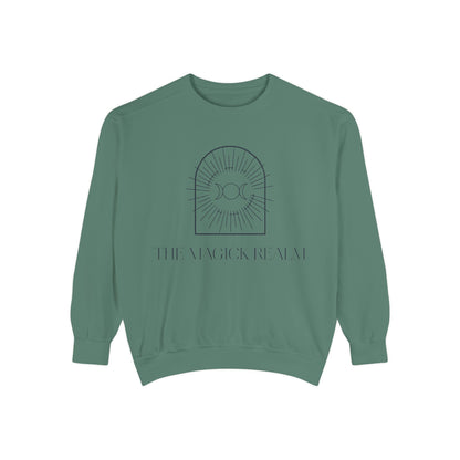 Green sweatshirt with a design and text on a white background