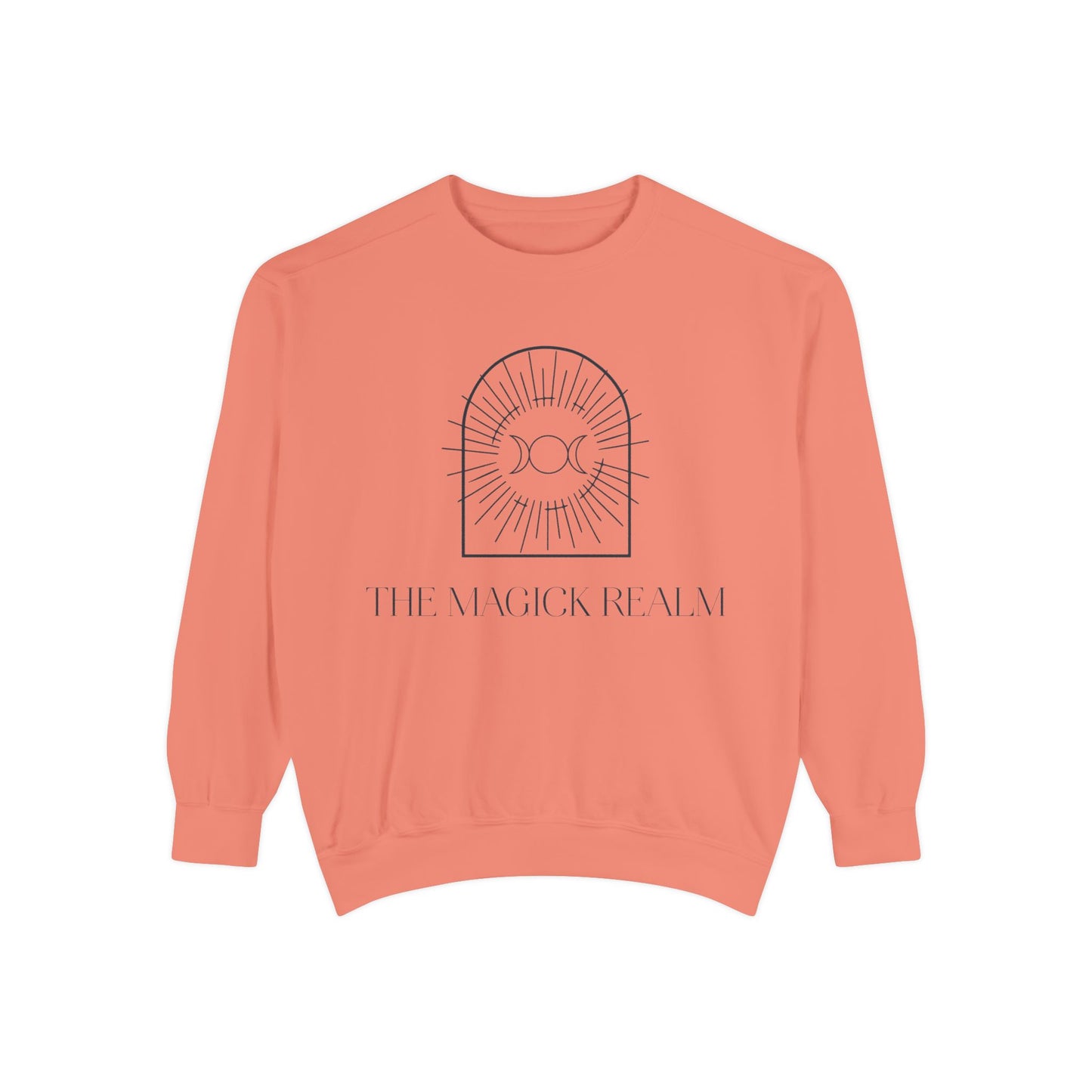 Coral sweatshirt with 'The Magick Realm' design on a white background
