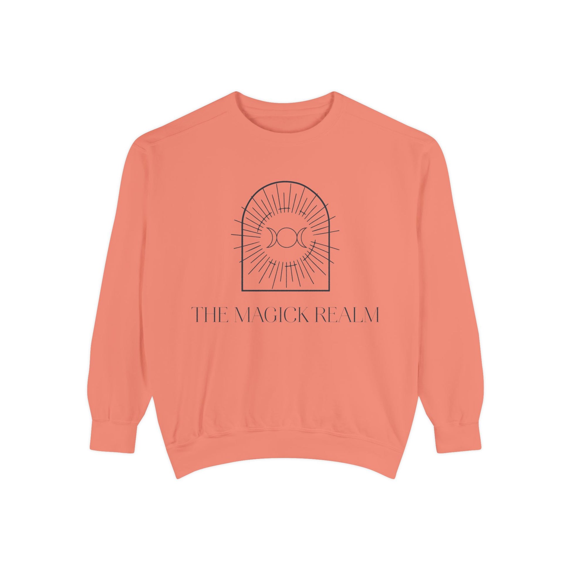 Coral sweatshirt with 'The Magick Realm' design on a white background