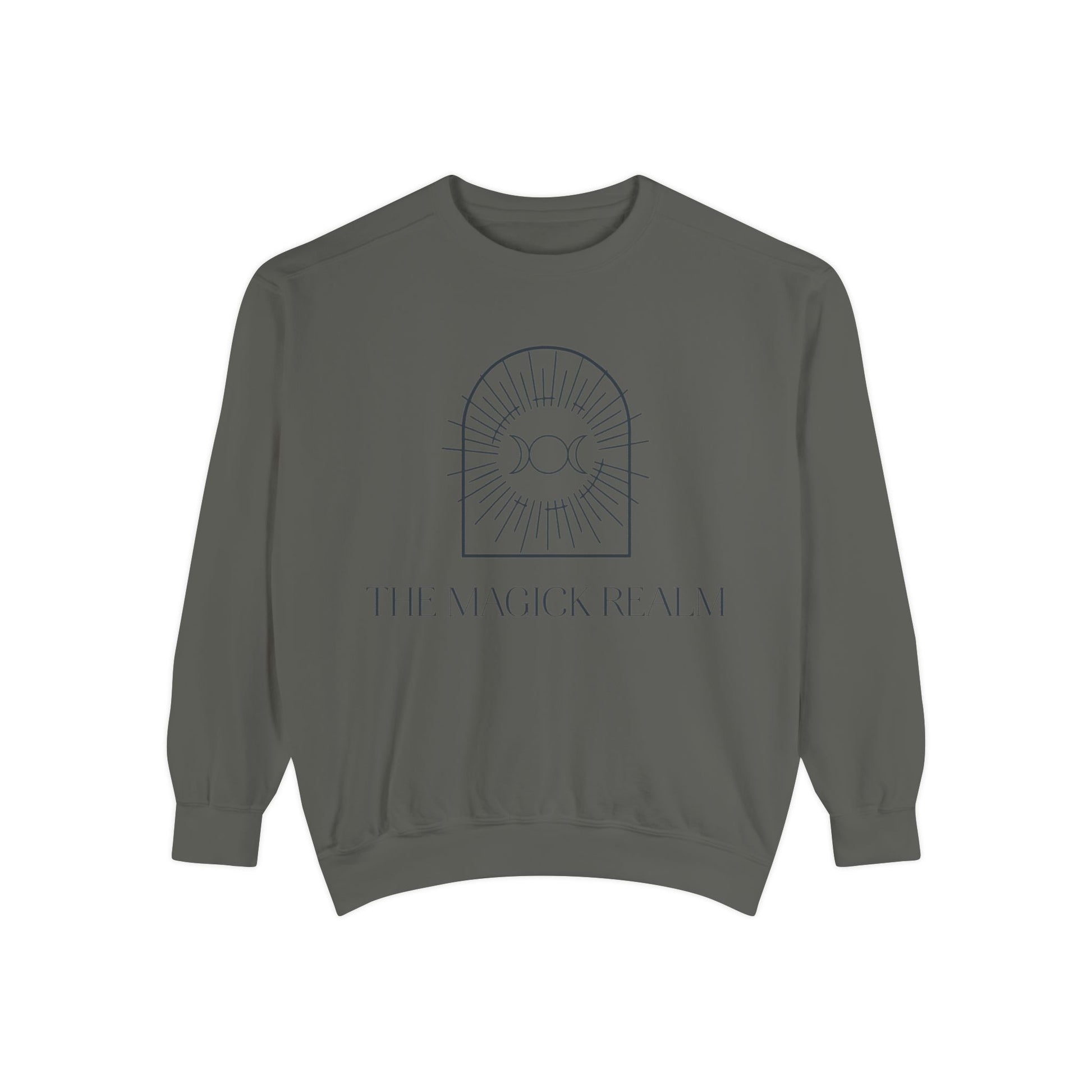Gray sweatshirt with a logo and text on a white background
