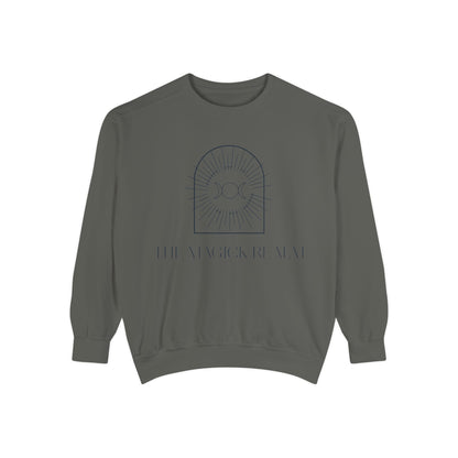 Gray sweatshirt with a logo and text on a white background