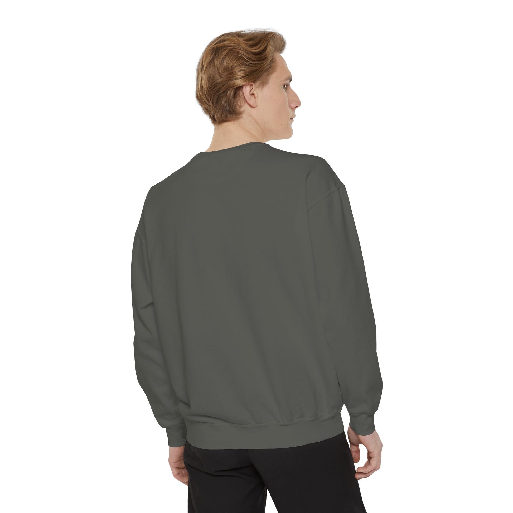 Person wearing a gray sweatshirt on a white background