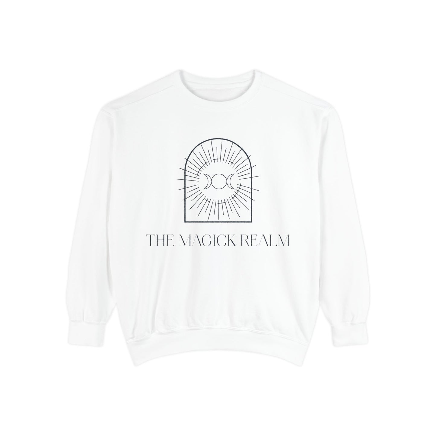 White sweatshirt with 'The Magick Realm' logo on a white background