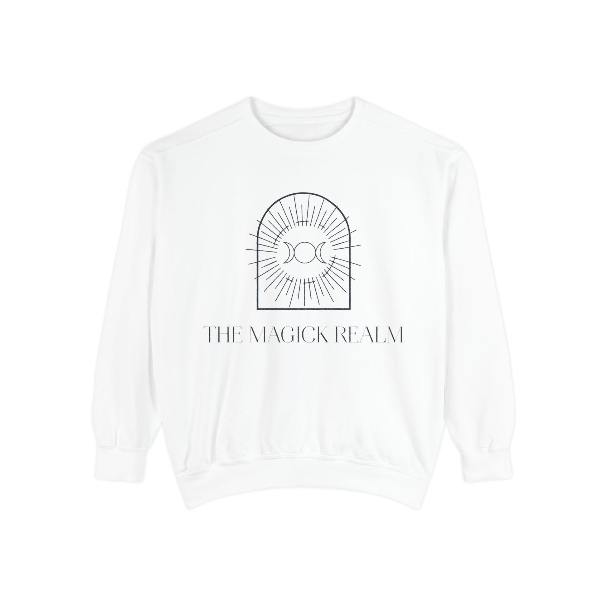 White sweatshirt with 'The Magick Realm' logo on a white background