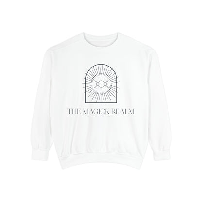 White sweatshirt with 'The Magick Realm' logo on a white background