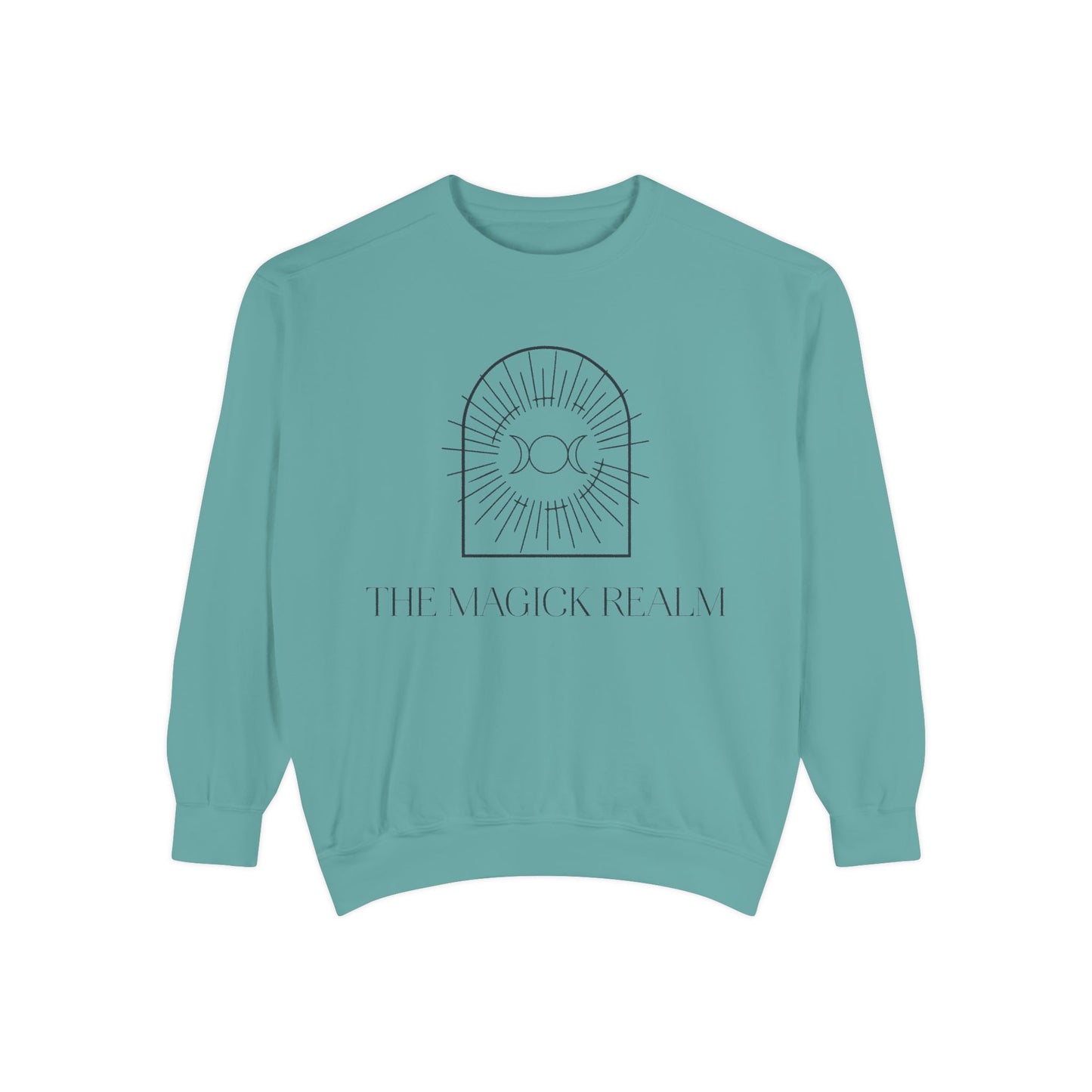 Teal sweatshirt with a graphic design and text on a white background