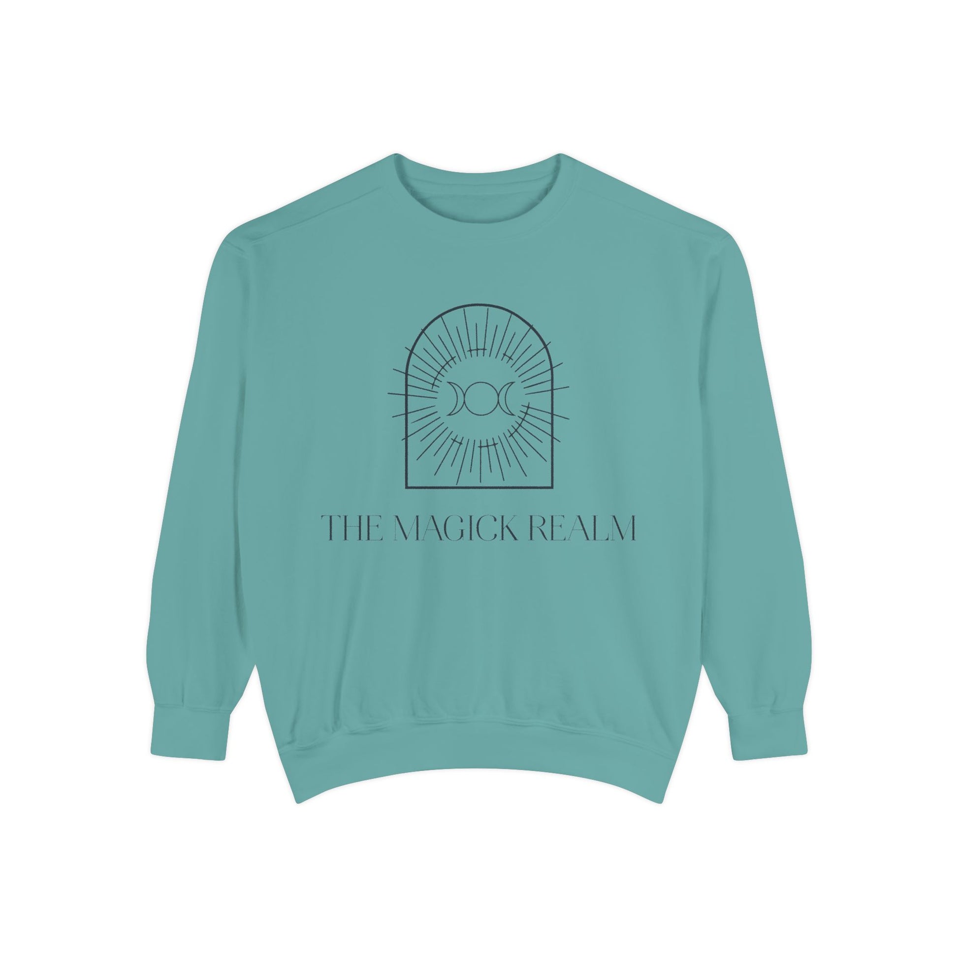 Teal sweatshirt with a graphic design and text on a white background