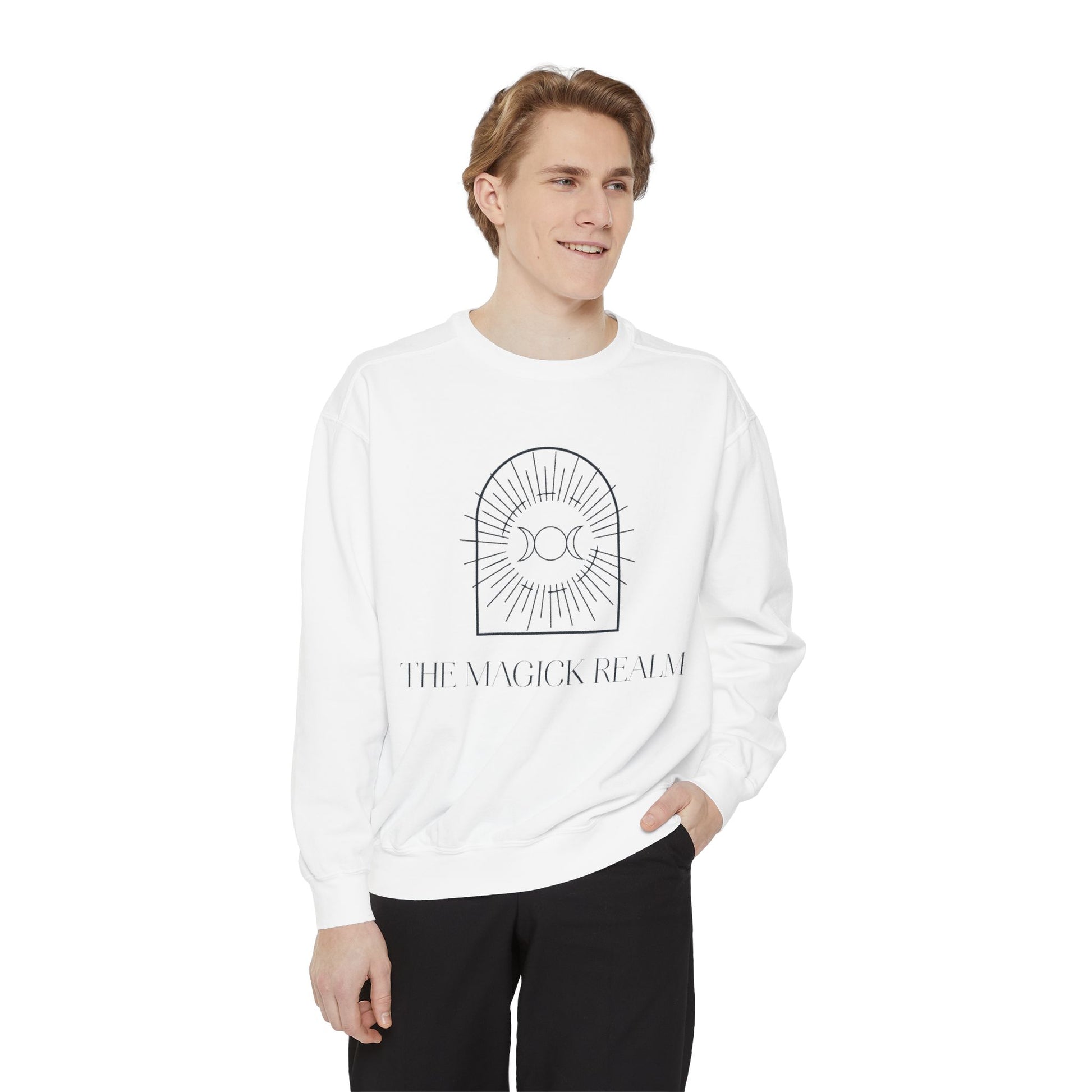 Person wearing a white sweatshirt with a logo and text on a white background