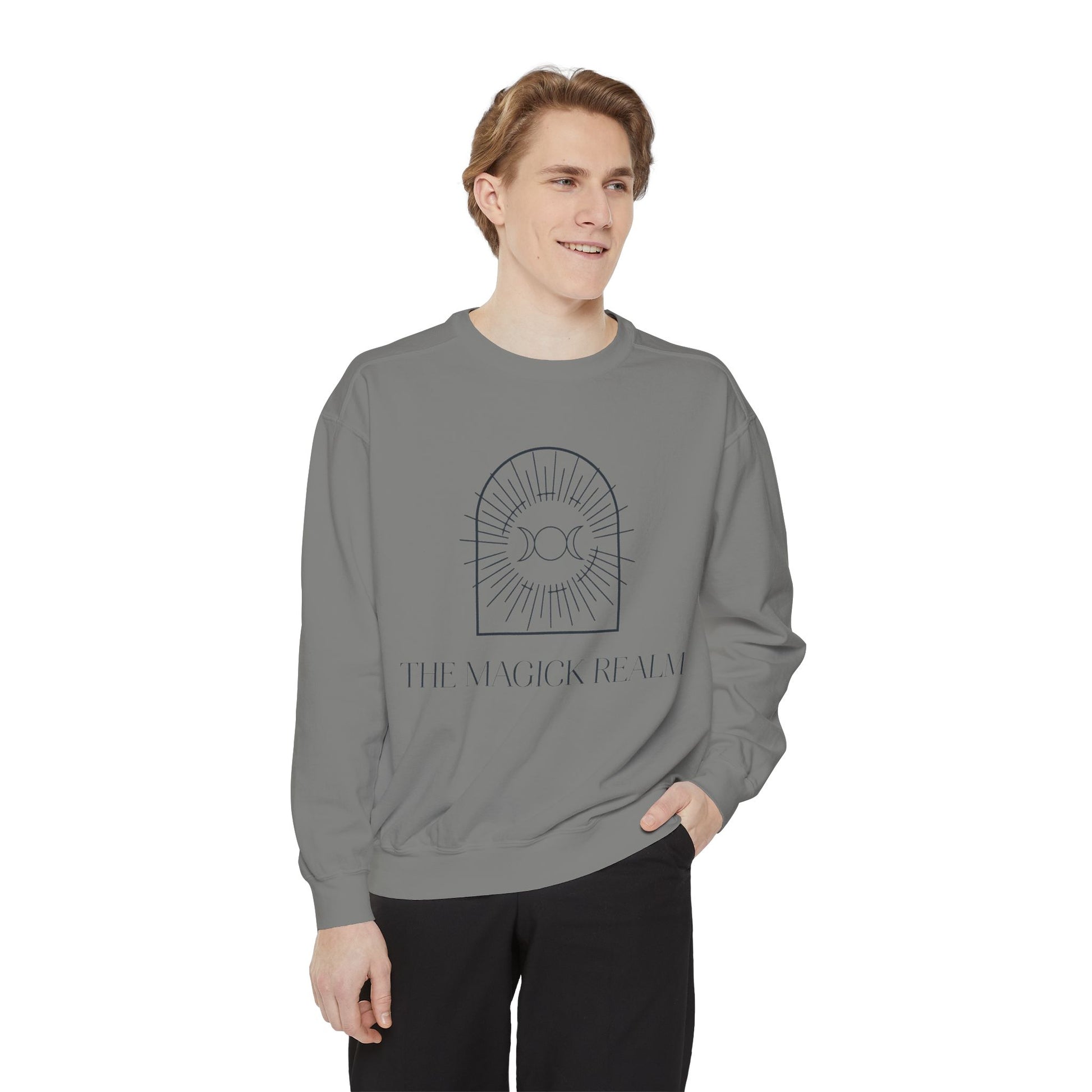 Person wearing a gray sweatshirt with a design and text on a white background