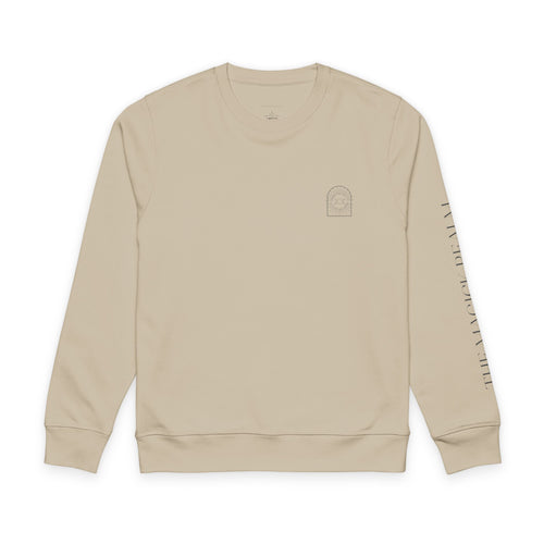 Beige sweatshirt with a small logo on a white background