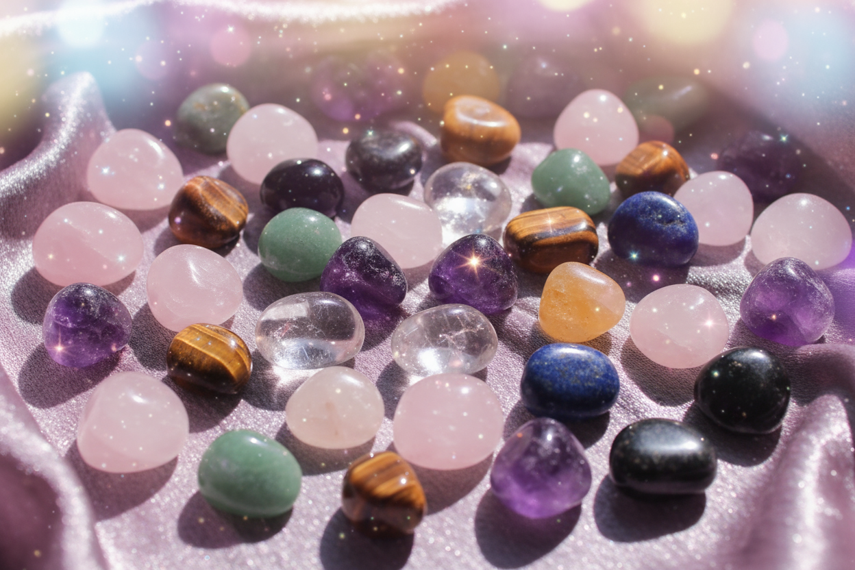 Crystal tumbles on a pink cloth