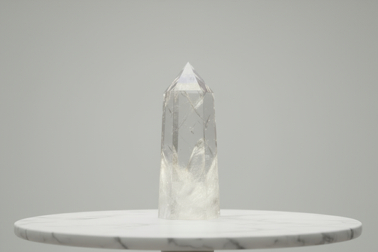 Clear quartz tower on a marble plate